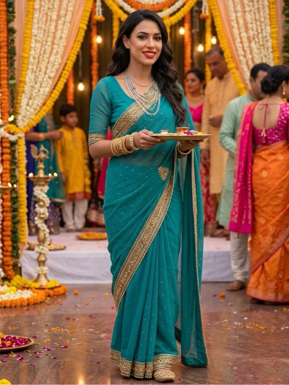 Premade Teal Green Embellished Saree with Gold Border